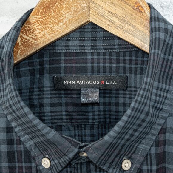 John Varvatos Men's Button Down Shirt blue plaid with Peace Logo size Large - Picture 3 of 7